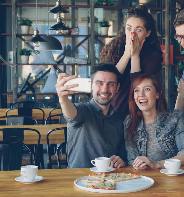 Freunde machen im Restaurant ein Selfie
